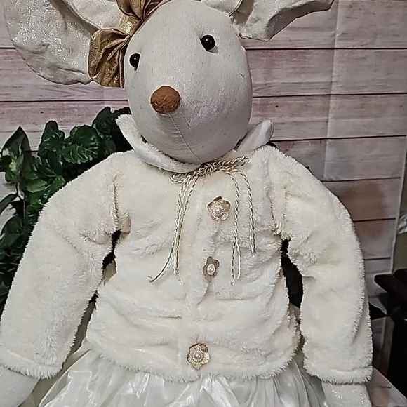 Vintage Holiday Sitting Field Mouse Faux Fur Coat and Gold Bootsapprox…